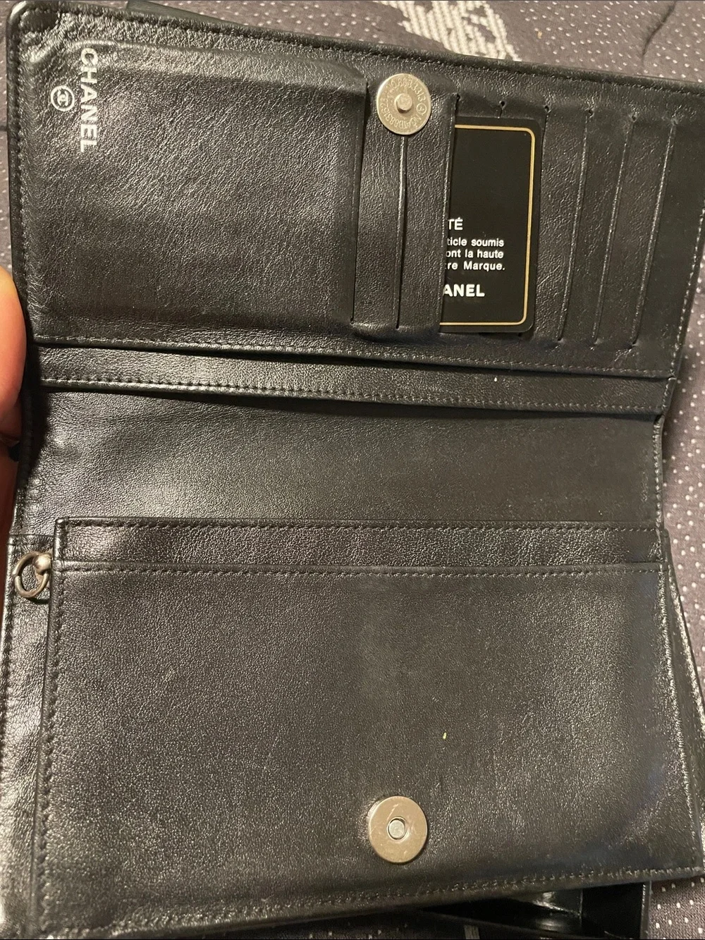 Authentic CHANEL Black Leather Long Wallet with Silver CC Emblem